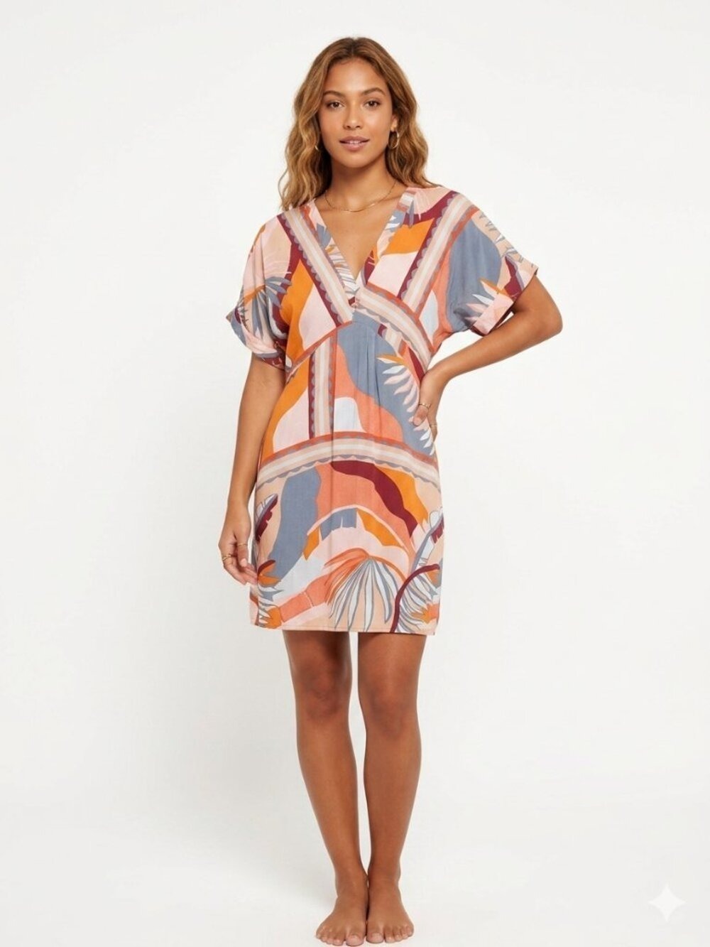 *Zinzane Abstract Tropical Print Dress Orange Pink V Neck Flutter Sleeve XS 0539